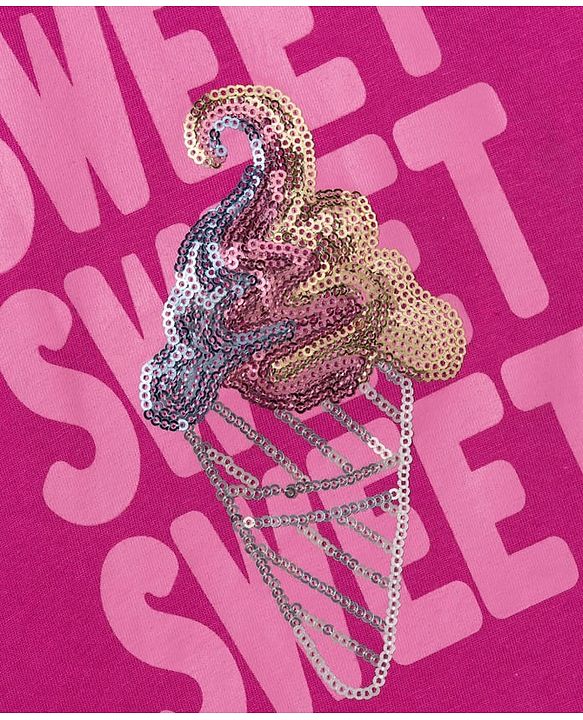 Babyhug Cotton Knit Half Sleeves T-Shirt With Ice Cream Sequins Detailing - Pink