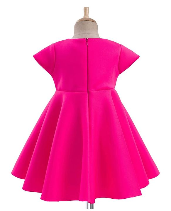 Babyhug Woven Sleeveless Scuba Fabric with Cotton Lining Party Dress with Corsage Detailing - Neon Pink
