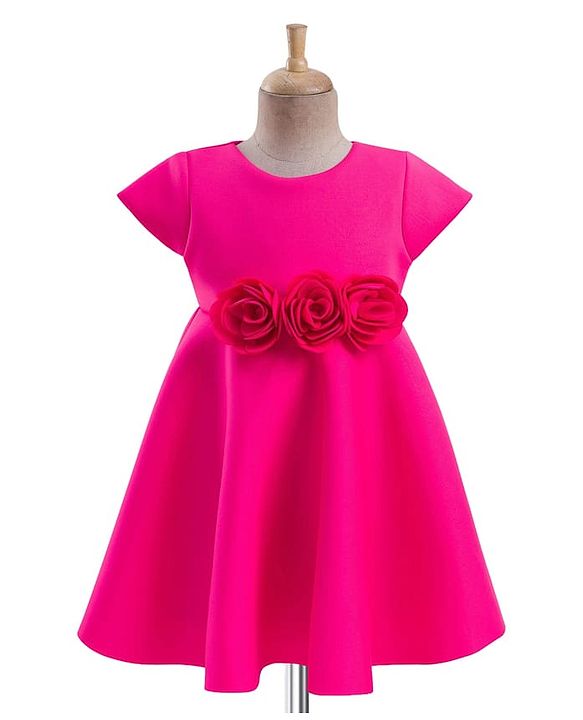 Babyhug Woven Sleeveless Scuba Fabric with Cotton Lining Party Dress with Corsage Detailing - Neon Pink