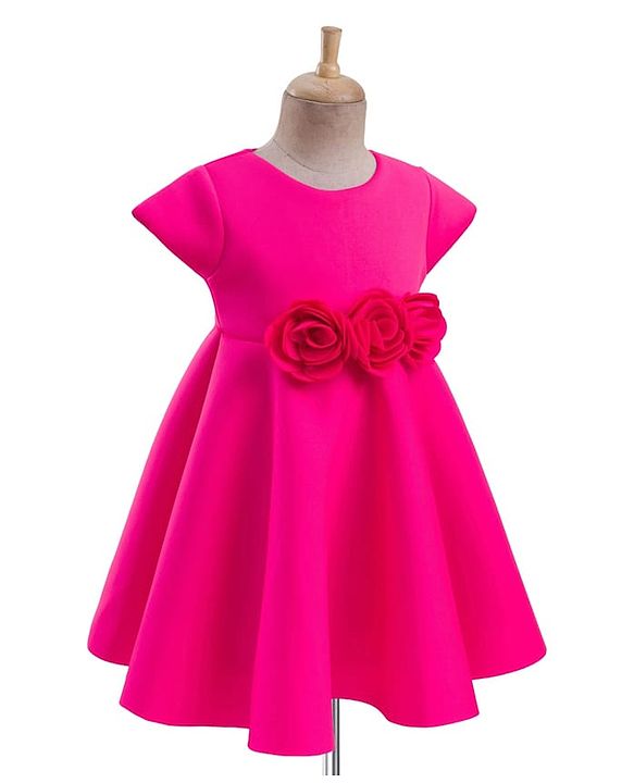 Babyhug Woven Sleeveless Scuba Fabric with Cotton Lining Party Dress with Corsage Detailing - Neon Pink