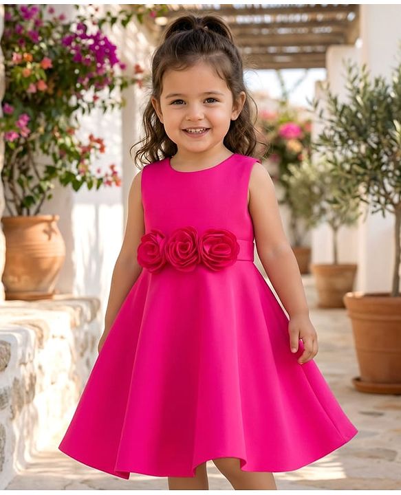 Babyhug Woven Sleeveless Scuba Fabric with Cotton Lining Party Dress with Corsage Detailing - Neon Pink