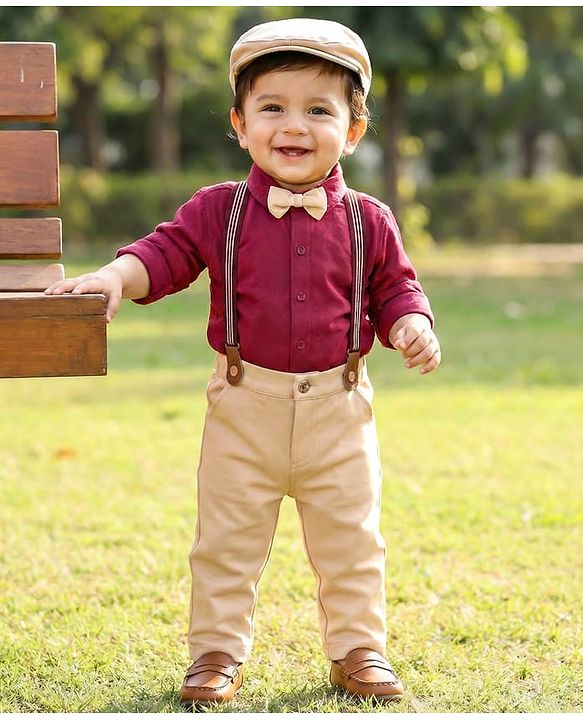 Babyhug Knit Half Sleeves Solid Party Shirt & Trouser Set With Bow Suspender & Cap - Maroon