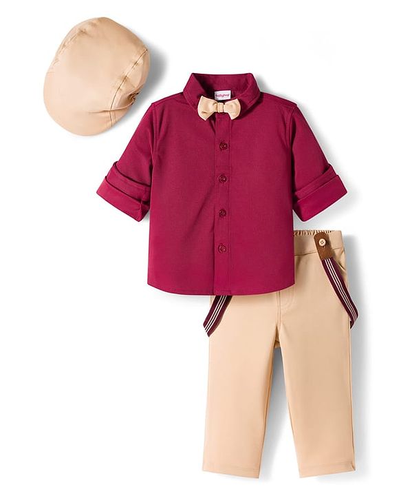 Babyhug Knit Half Sleeves Solid Party Shirt & Trouser Set With Bow Suspender & Cap - Maroon