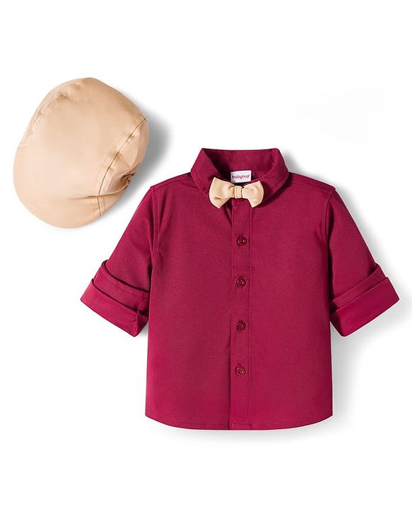 Babyhug Knit Half Sleeves Solid Party Shirt & Trouser Set With Bow Suspender & Cap - Maroon