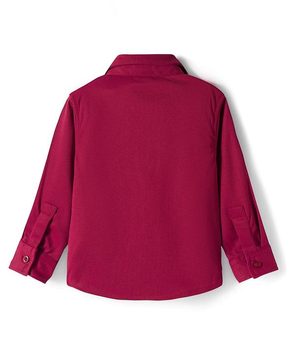 Babyhug Knit Half Sleeves Solid Party Shirt & Trouser Set With Bow Suspender & Cap - Maroon