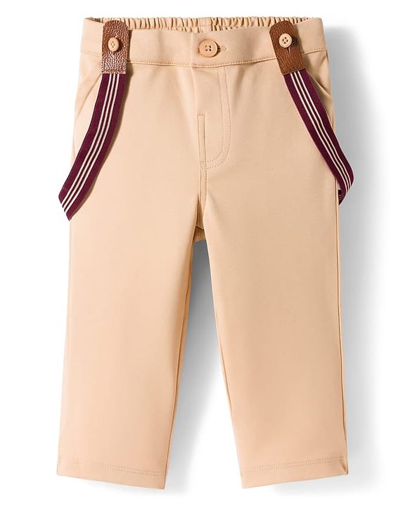 Babyhug Knit Half Sleeves Solid Party Shirt & Trouser Set With Bow Suspender & Cap - Maroon