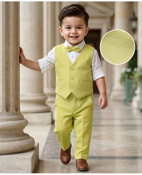 Babyhug Cotton Blend Woven Full Sleeves Solid 3 Piece Party Suit With Bow - Light Green & White