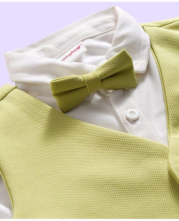 Babyhug Cotton Blend Woven Full Sleeves Solid 3 Piece Party Suit With Bow - Light Green & White
