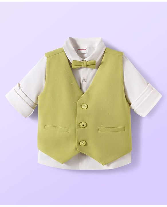 Babyhug Cotton Blend Woven Full Sleeves Solid 3 Piece Party Suit With Bow - Light Green & White