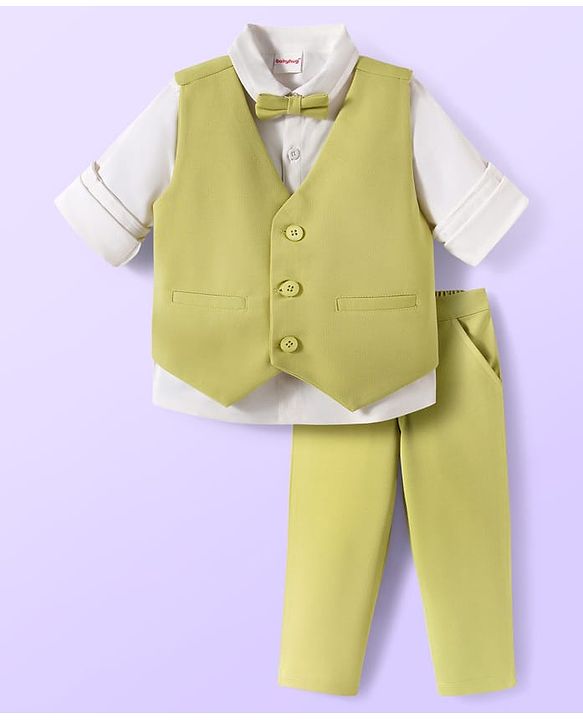 Babyhug Cotton Blend Woven Full Sleeves Solid 3 Piece Party Suit With Bow - Light Green & White