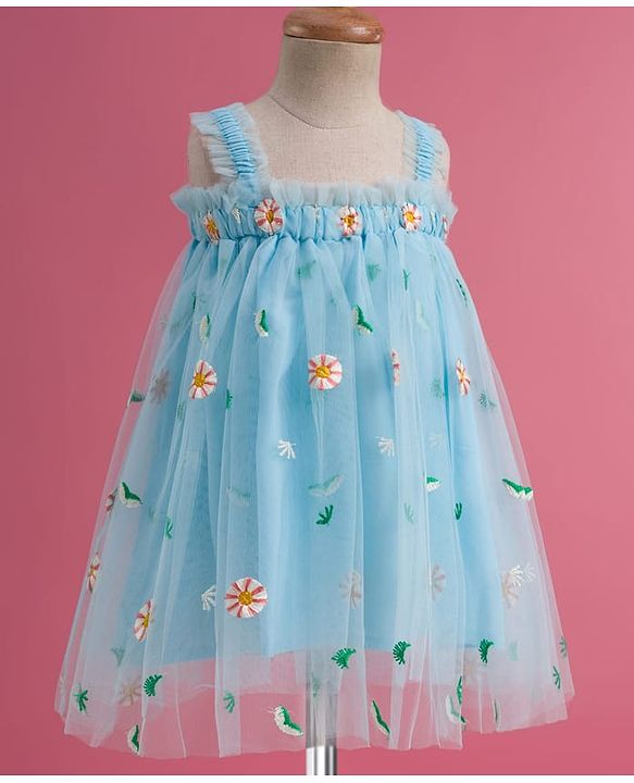 Babyhug Soft Mesh Woven Sleeveless Party Dress With Floral Embroidery - Aqua Blue