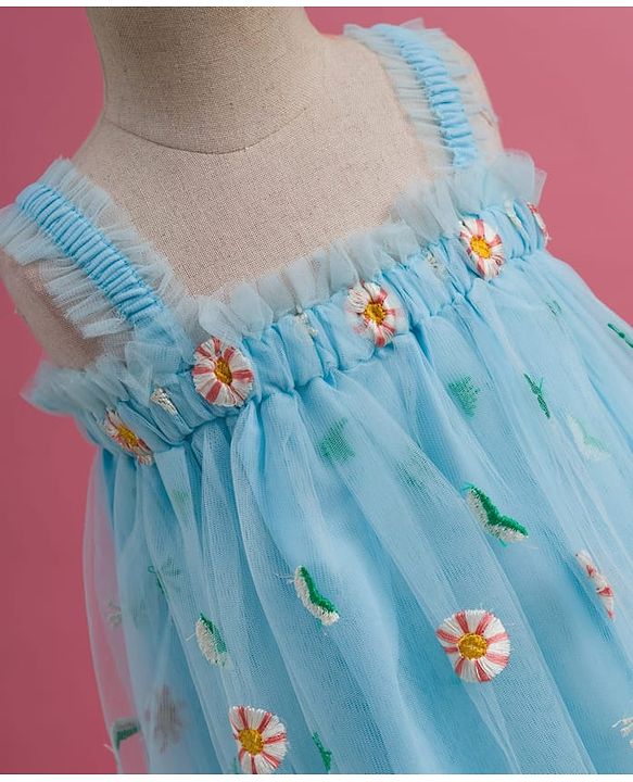 Babyhug Soft Mesh Woven Sleeveless Party Dress With Floral Embroidery - Aqua Blue