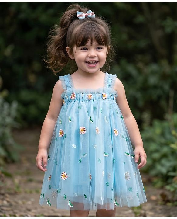 Babyhug Soft Mesh Woven Sleeveless Party Dress With Floral Embroidery - Aqua Blue