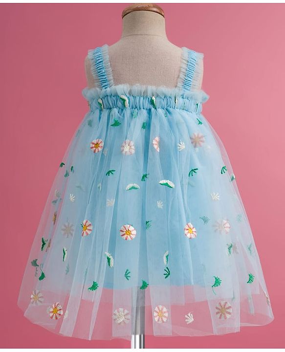 Babyhug Soft Mesh Woven Sleeveless Party Dress With Floral Embroidery - Aqua Blue