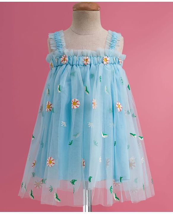 Babyhug Soft Mesh Woven Sleeveless Party Dress With Floral Embroidery - Aqua Blue