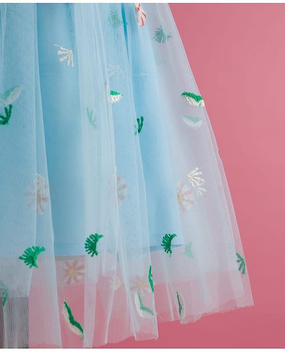 Babyhug Soft Mesh Woven Sleeveless Party Dress With Floral Embroidery - Aqua Blue