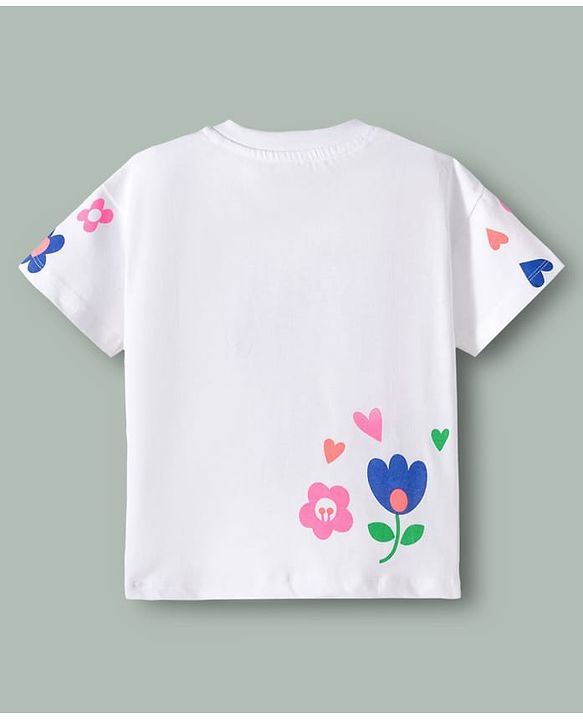 Babyhug Cotton Knit Half Sleeves Oversized T-Shirt with Sequins Detailing & Floral Print - White