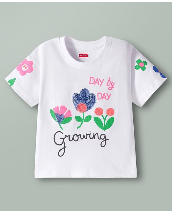 Babyhug Cotton Knit Half Sleeves Oversized T-Shirt with Sequins Detailing & Floral Print - White
