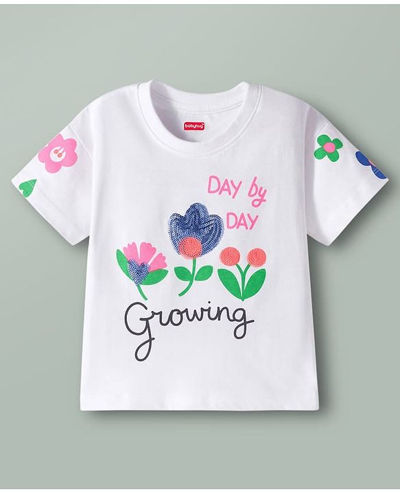 Babyhug Cotton Knit Half Sleeves Oversized T-Shirt with Sequins Detailing & Floral Print - White