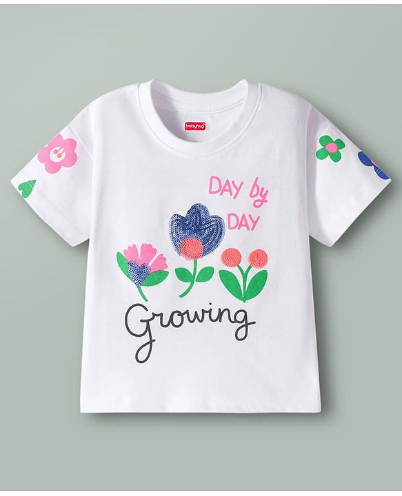 Babyhug Cotton Knit Half Sleeves Oversized T-Shirt with Sequins Detailing & Floral Print - White