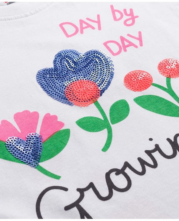 Babyhug Cotton Knit Half Sleeves Oversized T-Shirt with Sequins Detailing & Floral Print - White