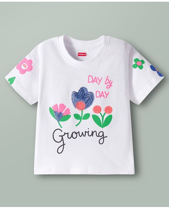 Babyhug Cotton Knit Half Sleeves Oversized T-Shirt with Sequins Detailing & Floral Print - White