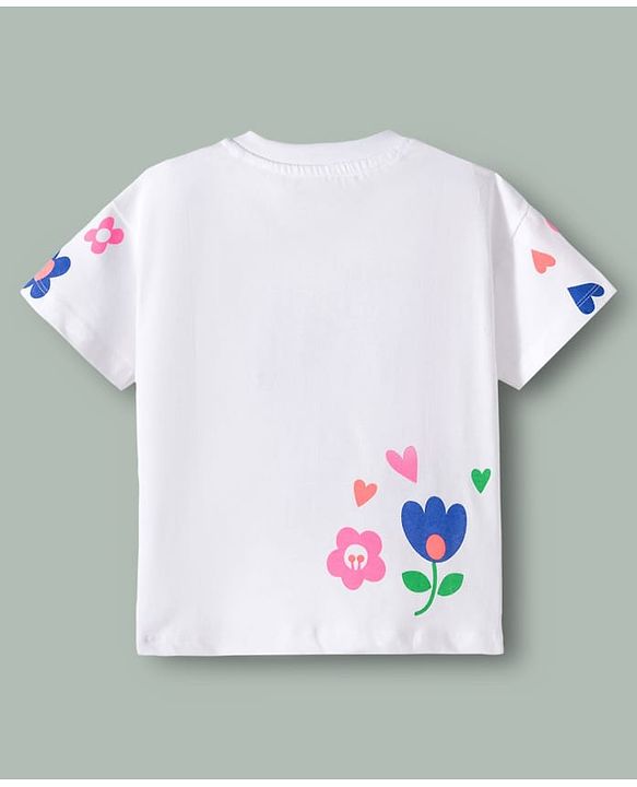 Babyhug Cotton Knit Half Sleeves Oversized T-Shirt with Sequins Detailing & Floral Print - White