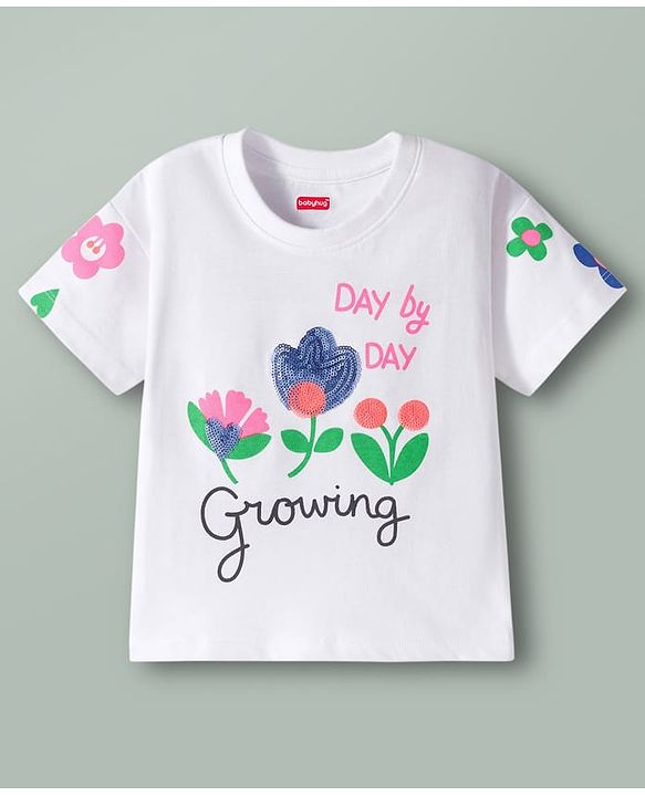 Babyhug Cotton Knit Half Sleeves Oversized T-Shirt with Sequins Detailing & Floral Print - White