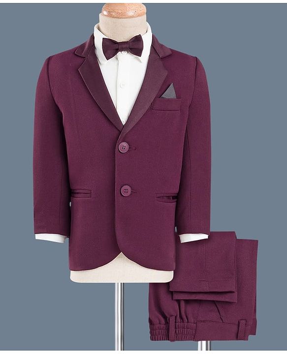 Babyhug Knit Full Sleeves Stretchable Solid 3 Piece Party Suit With Bow -Wine