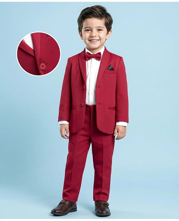Babyhug Knit Full Sleeves Solid Stretchable 3 Piece Party Suit with Bow - Maroon