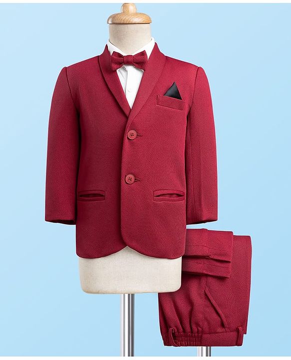 Babyhug Knit Full Sleeves Solid Stretchable 3 Piece Party Suit with Bow - Maroon