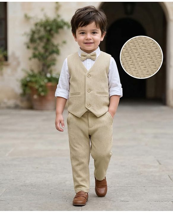 Babyhug Knit Full Sleeves Solid Colour 3 Piece Party Suit with Bow - Beige