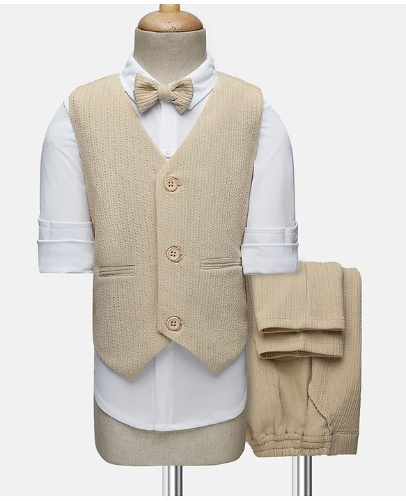 Babyhug Knit Full Sleeves Solid Colour 3 Piece Party Suit with Bow - Beige
