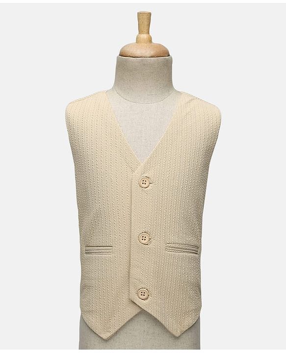 Babyhug Knit Full Sleeves Solid Colour 3 Piece Party Suit with Bow - Beige