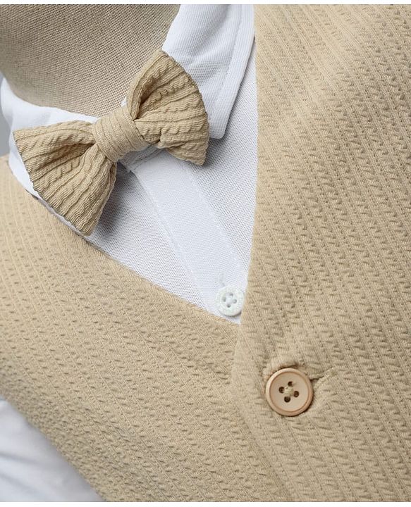 Babyhug Knit Full Sleeves Solid Colour 3 Piece Party Suit with Bow - Beige