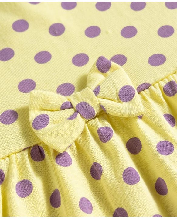Babyhug 100% Cotton Knit Half Sleeves Polka Dots Printed Frock With Bow Applique - Yellow