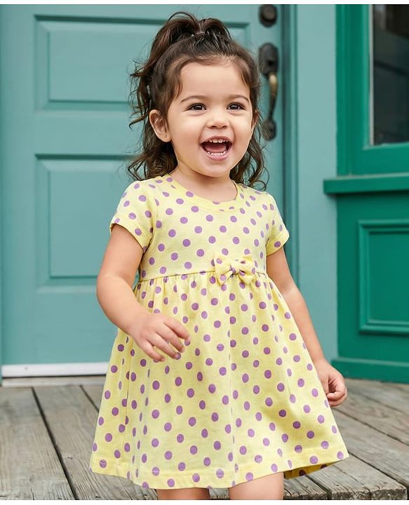 Babyhug 100% Cotton Knit Half Sleeves Polka Dots Printed Frock With Bow Applique - Yellow