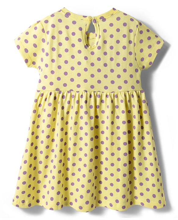 Babyhug 100% Cotton Knit Half Sleeves Polka Dots Printed Frock With Bow Applique - Yellow