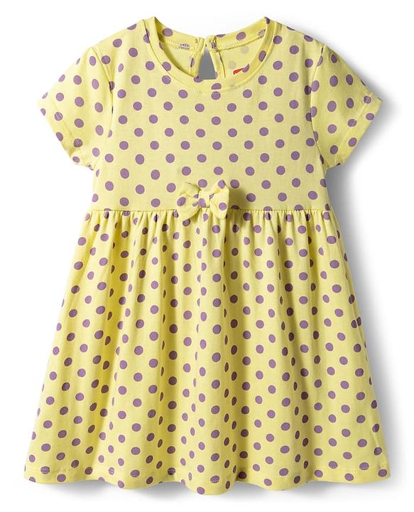 Babyhug 100% Cotton Knit Half Sleeves Polka Dots Printed Frock With Bow Applique - Yellow