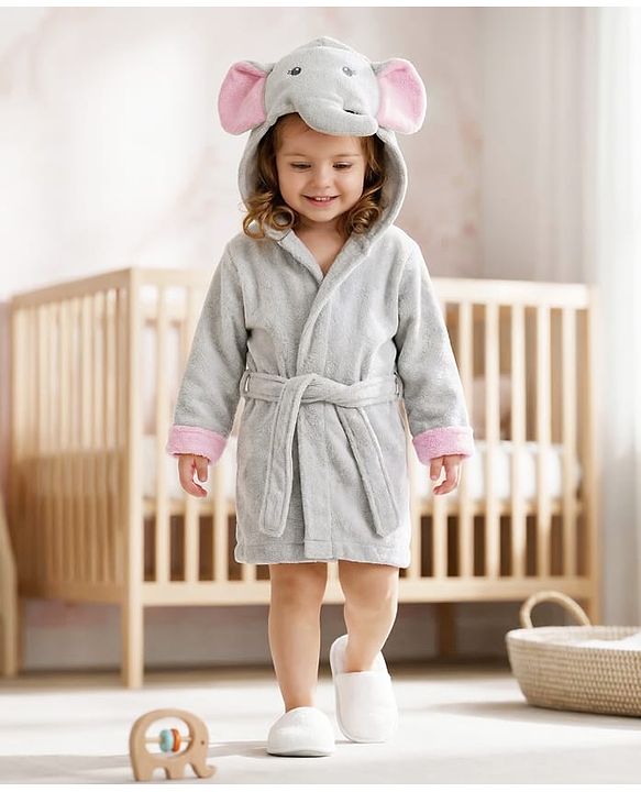 Babyhug Terry Woven Full Sleeves Elephant Hooded Bath Robe - Grey