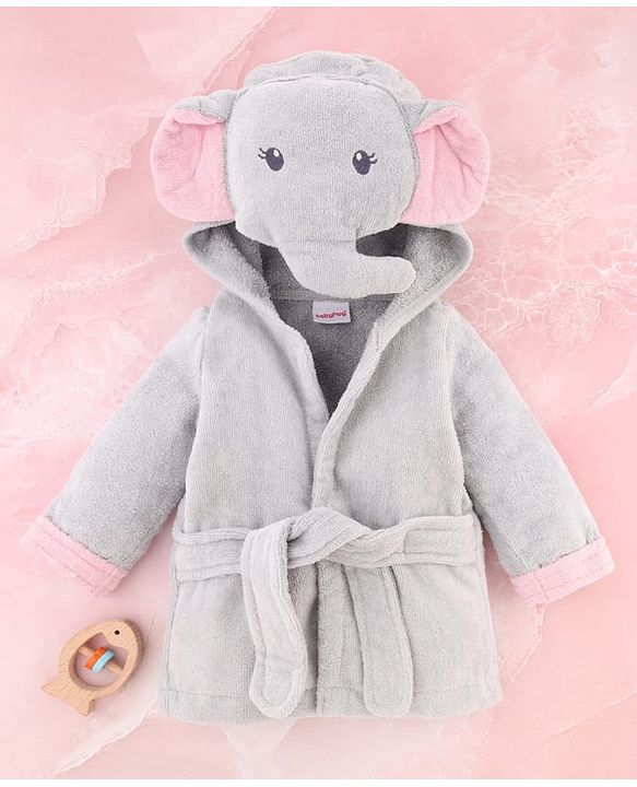 Babyhug Terry Woven Full Sleeves Elephant Hooded Bath Robe - Grey