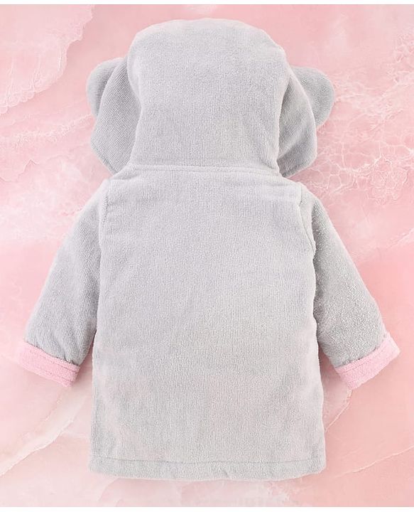 Babyhug Terry Woven Full Sleeves Elephant Hooded Bath Robe - Grey