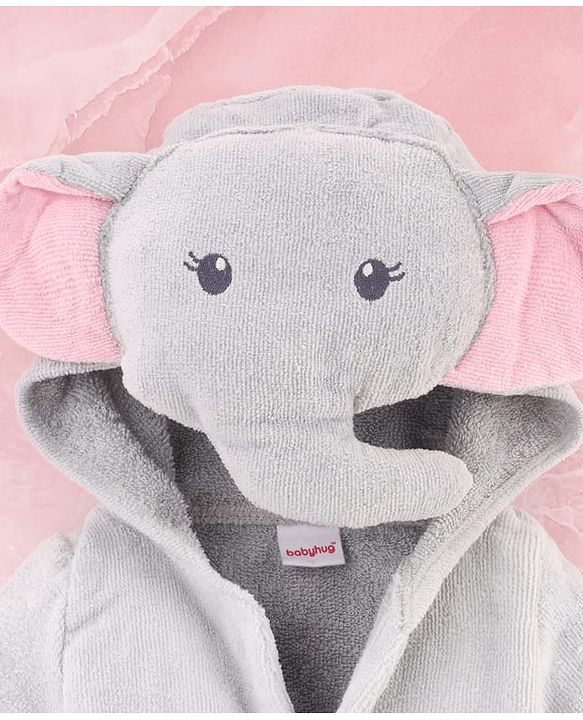 Babyhug Terry Woven Full Sleeves Elephant Hooded Bath Robe - Grey