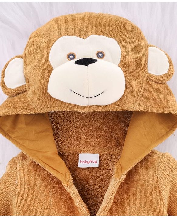 Babyhug Terry Woven Full Sleeves Elephant Hooded Bath Robe - Grey