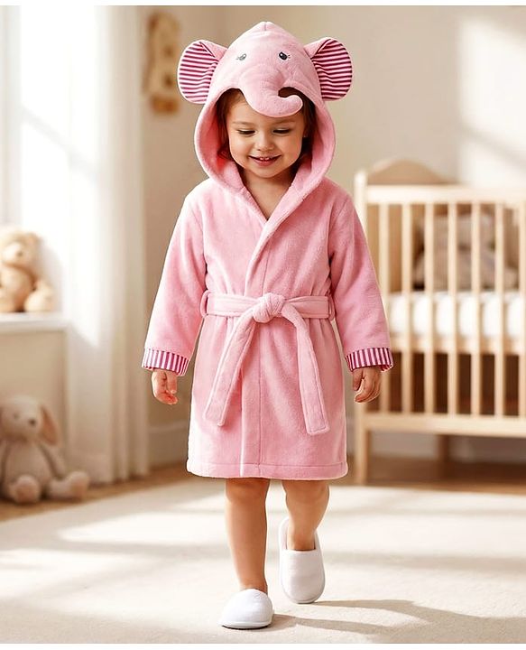Babyhug Terry Woven Full Sleeves Elephant Hooded Bath Robe - Grey