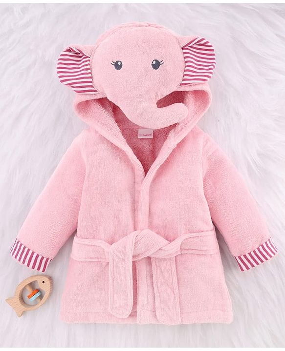 Babyhug Terry Woven Full Sleeves Elephant Hooded Bath Robe - Grey