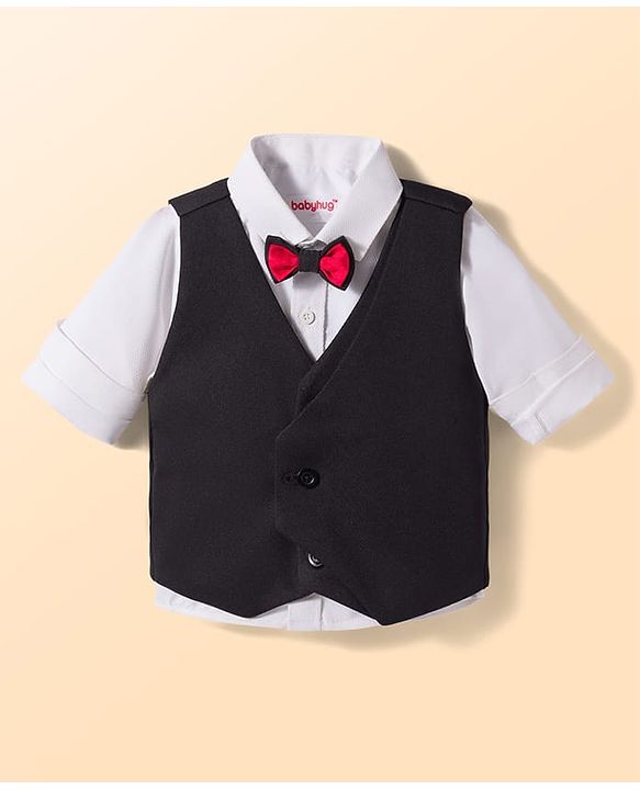 Babyhug Woven Full Sleeves Solid 3 Piece Party Suit With Bow - Black