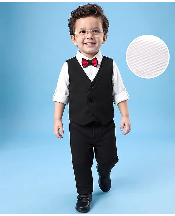 Babyhug Woven Full Sleeves Solid 3 Piece Party Suit With Bow - Black