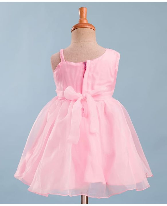 Babyhug Mesh Woven Sleeveless One Shoulder Party Dress With Floral Embroidery & Sequin Detailing - Light Pink