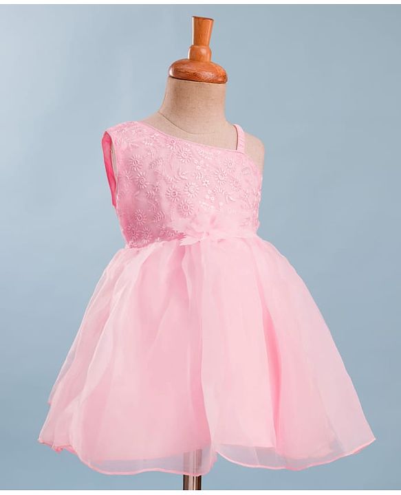 Babyhug Mesh Woven Sleeveless One Shoulder Party Dress With Floral Embroidery & Sequin Detailing - Light Pink
